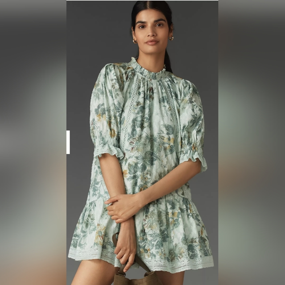 Anthropologie Cottagecore Ruffle Mock-Neck Floral Mini Dress